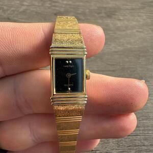 Vintage Lady Elgin Watch gold tone Tank Black Dial Stainless Steel